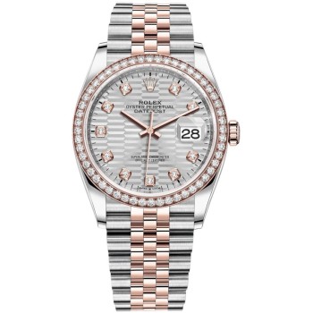 Cópia Rolex Datejust 36 Aço e amp; Relógio feminino Everose ouro prata com motivo canelado com mostrador de diamante e moldura de diamante M126281RBR-0027