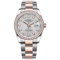 Rolex Datejust 36 falso em aço e amp; Relógio feminino Everose ouro prata com motivo canelado com mostrador de diamante e moldura de diamante M126281RBR-0028