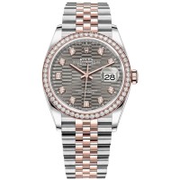 Cópia Rolex Datejust 36 Aço e amp; Relógio feminino Everose Gold Slate com motivo canelado e moldura de diamante M126281RBR-0029