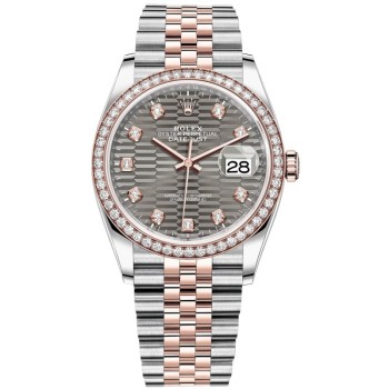 Cópia Rolex Datejust 36 Aço e amp; Relógio feminino Everose Gold Slate com motivo canelado e moldura de diamante M126281RBR-0029