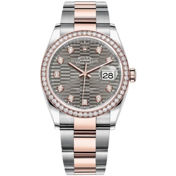 Rolex Datejust 36 falso em aço e amp; Relógio feminino Everose Gold Slate com motivo canelado e moldura de diamante M126281RBR-0030