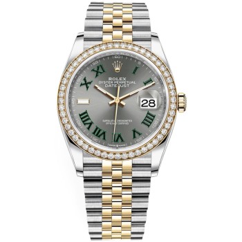 Réplica Rolex Datejust 36 em ouro amarelo e amp; Relógio feminino com mostrador romano Diamonds Slate Wimbledon M126283RBR-0021