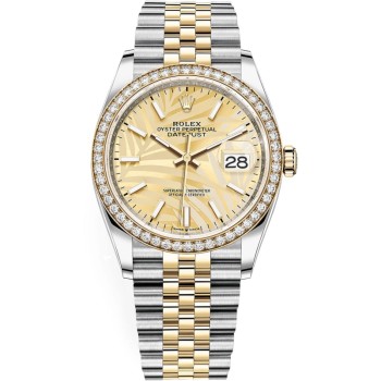 Rolex Datejust 36 falso em ouro amarelo e amp; Relógio feminino com mostrador com motivo de palma dourada e diamantes M126283RBR-0023