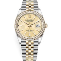 Cópia Rolex Datejust 36 ouro amarelo e amp; Relógio feminino com mostrador com motivo canelado dourado e diamantes M126283RBR-0025