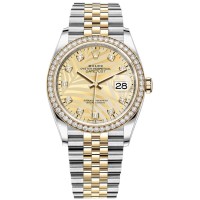 Cópia Rolex Datejust 36 ouro amarelo e amp; Relógio feminino com diamantes dourados com motivo de palma e mostrador de diamante M126283RBR-0029