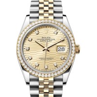 Réplica Rolex Datejust 36 em ouro amarelo e amp; Relógio feminino com diamantes dourados com motivo canelado e mostrador de diamante M126283RBR-0031