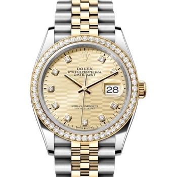 Réplica Rolex Datejust 36 em ouro amarelo e amp; Relógio feminino com diamantes dourados com motivo canelado e mostrador de diamante M126283RBR-0031