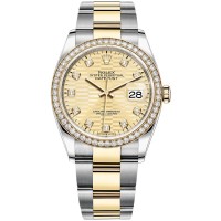 Cópia Rolex Datejust 36 ouro amarelo e amp; Relógio feminino com diamantes dourados com motivo canelado e mostrador de diamante M126283RBR-0032