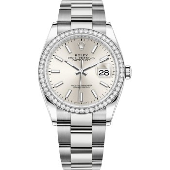 Réplica Rolex Datejust 36 em ouro branco e amp; Relógio feminino com mostrador prateado e diamantes M126284RBR-0006