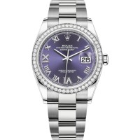 Rolex Datejust 36 falso em ouro branco e amp; Relógio feminino com diamantes berinjela pavimentada com mostrador romano M126284RBR-0014