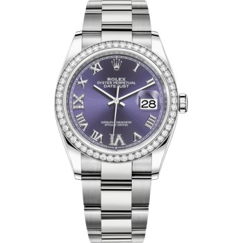 Rolex Datejust 36 falso em ouro branco e amp; Relógio feminino com diamantes berinjela pavimentada com mostrador romano M126284RBR-0014