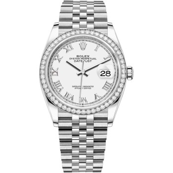 Rolex Datejust 36 falso em ouro branco e amp; Relógio feminino com mostrador romano branco e diamantes M126284RBR-0017