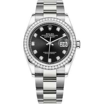 Cópia Rolex Datejust 36 em ouro branco e amp; Relógio feminino com mostrador diamante preto diamantes M126284RBR-0020