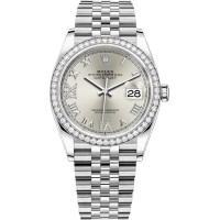 Cópia Rolex Datejust 36 em ouro branco e amp; Relógio feminino com diamantes prateados e mostrador romano M126284RBR-0021