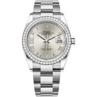 Rolex Datejust 36 falso em ouro branco e amp; Relógio feminino com diamantes prateados e mostrador romano M126284RBR-0022