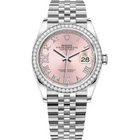 Cópia Rolex Datejust 36 em ouro branco e amp; Relógio feminino com diamantes rosa pavimentado com mostrador romano M126284RBR-0023