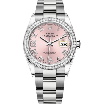 Rolex Datejust 36 falso em ouro branco e amp; Relógio feminino com diamantes rosa pavimentado com mostrador romano M126284RBR-0024