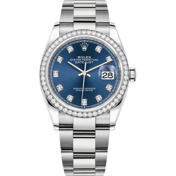 Cópia Rolex Datejust 36 em ouro branco e amp; Relógio feminino com mostrador diamante azul diamantes M126284RBR-0030