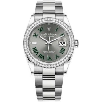 Cópia Rolex Datejust 36 em ouro branco e amp; Relógio feminino com mostrador romano de ardósia e diamantes M126284RBR-0038