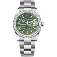 Cópia Rolex Datejust 36 em ouro branco e amp; Relógio feminino com mostrador diamantes verde oliva com motivo palma M126284RBR-0040