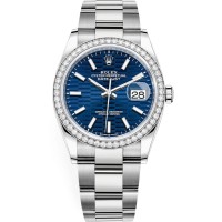 Réplica Rolex Datejust 36 em ouro branco e amp; Relógio feminino com mostrador com motivo canelado azul diamantes M126284RBR-0042