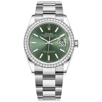 Cópia Rolex Datejust 36 em ouro branco e amp; Relógio feminino com mostrador verde menta e diamantes M126284RBR-0044