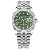 Rolex Datejust 36 falso em ouro branco e amp; Relógio feminino com diamantes verde oliva com motivo de palma e mostrador de diamante M126284RBR-0047