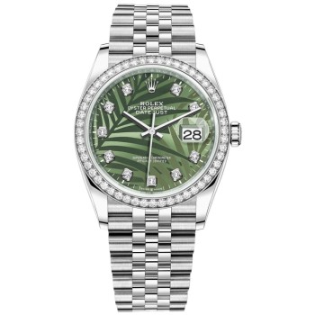 Rolex Datejust 36 falso em ouro branco e amp; Relógio feminino com diamantes verde oliva com motivo de palma e mostrador de diamante M126284RBR-0047