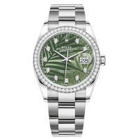 Réplica Rolex Datejust 36 em ouro branco e amp; Relógio feminino com diamantes verde oliva com motivo de palma e mostrador de diamante M126284RBR-0048