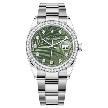 Réplica Rolex Datejust 36 em ouro branco e amp; Relógio feminino com diamantes verde oliva com motivo de palma e mostrador de diamante M126284RBR-0048