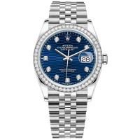 Cópia Rolex Datejust 36 em ouro branco e amp; Relógio feminino com mostrador com motivo canelado azul diamantes M126284RBR-0049