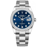 Rolex Datejust 36 falso em ouro branco e amp; Relógio feminino com mostrador de diamante com motivo canelado azul diamantes M126284RBR-0050