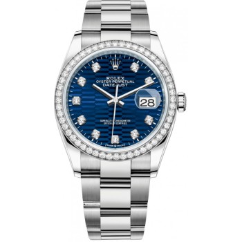 Rolex Datejust 36 falso em ouro branco e amp; Relógio feminino com mostrador de diamante com motivo canelado azul diamantes M126284RBR-0050