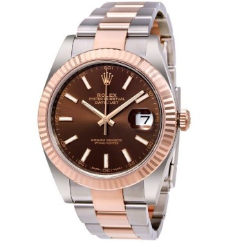 Relógio masculino Rolex Datejust 41 falso em aço e ouro Everose Chocolate com mostrador Oystersteel M126331-0001