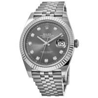 Cópia Rolex Datejust 41 Aço e amp; Relógio masculino com moldura canelada em ouro branco e ródio e diamante M126334-0006