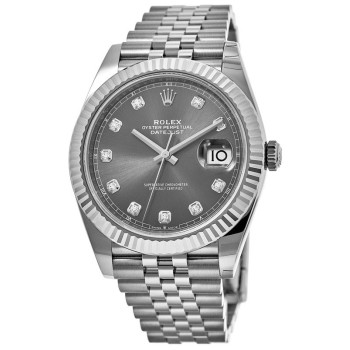 Cópia Rolex Datejust 41 Aço e amp; Relógio masculino com moldura canelada em ouro branco e ródio e diamante M126334-0006