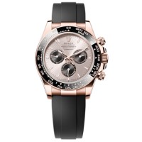 Relógio masculino Rolex Cosmograph Daytona falso em ouro rosa Sundust e mostrador preto Oysterflex M126515LN-0006