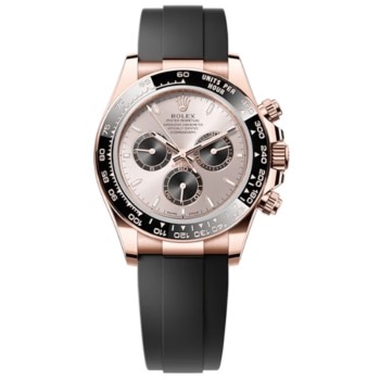 Relógio masculino Rolex Cosmograph Daytona falso em ouro rosa Sundust e mostrador preto Oysterflex M126515LN-0006