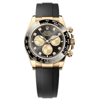 Cópia Rolex Cosmograph Daytona Relógio Masculino Ouro Amarelo Preto e Dourado com Mostrador Oysterflex M126518LN-0006