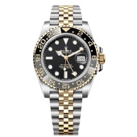 Réplica Rolex GMT Master ll ouro amarelo e aço inoxidável mostrador preto pulseira jubileu relógio masculino M126713GRNR-0001