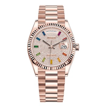 Réplica Rolex Day-Date em ouro rosa e diamante pavimentado com mostrador de pedras preciosas relógio feminino M128235-0039