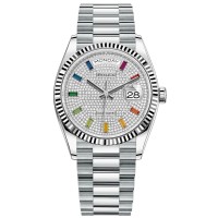 Copiar relógio feminino Rolex Day-Date Platinum com pavimentação de diamantes e mostrador de pedras preciosas M128236-0003