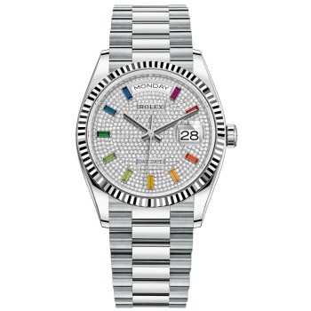 Copiar relógio feminino Rolex Day-Date Platinum com pavimentação de diamantes e mostrador de pedras preciosas M128236-0003