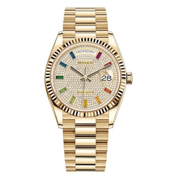 Copiar relógio feminino Rolex Day-Date em ouro amarelo e diamantes com mostrador de pedras preciosas M128238-0051