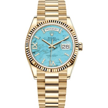 Cópia Rolex Day-Date ouro amarelo turquesa pave mostrador romano relógio feminino M128238-0071