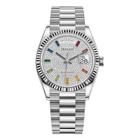 Copiar relógio feminino Rolex Day-Date em ouro branco com pavimentação de diamantes e mostrador de pedras preciosas M128239-0019