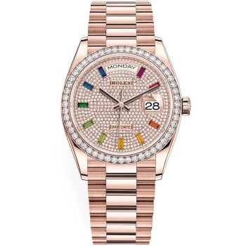 Cópia Rolex Day-Date em ouro rosa pavimentada com diamantes com mostrador de pedras preciosas e moldura de diamante relógio feminino M128345RBR-0042