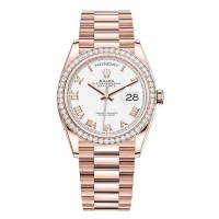 Cópia Rolex Day-Date ouro rosa branco mostrador romano relógio feminino moldura de diamante M128345RBR-0054