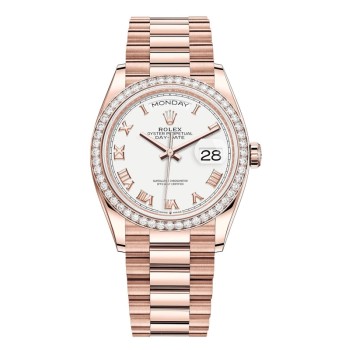 Cópia Rolex Day-Date ouro rosa branco mostrador romano relógio feminino moldura de diamante M128345RBR-0054