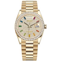 Relógio feminino Rolex Day-Date em ouro amarelo com pavimentação de diamante e moldura de diamante M128348RBR-0030